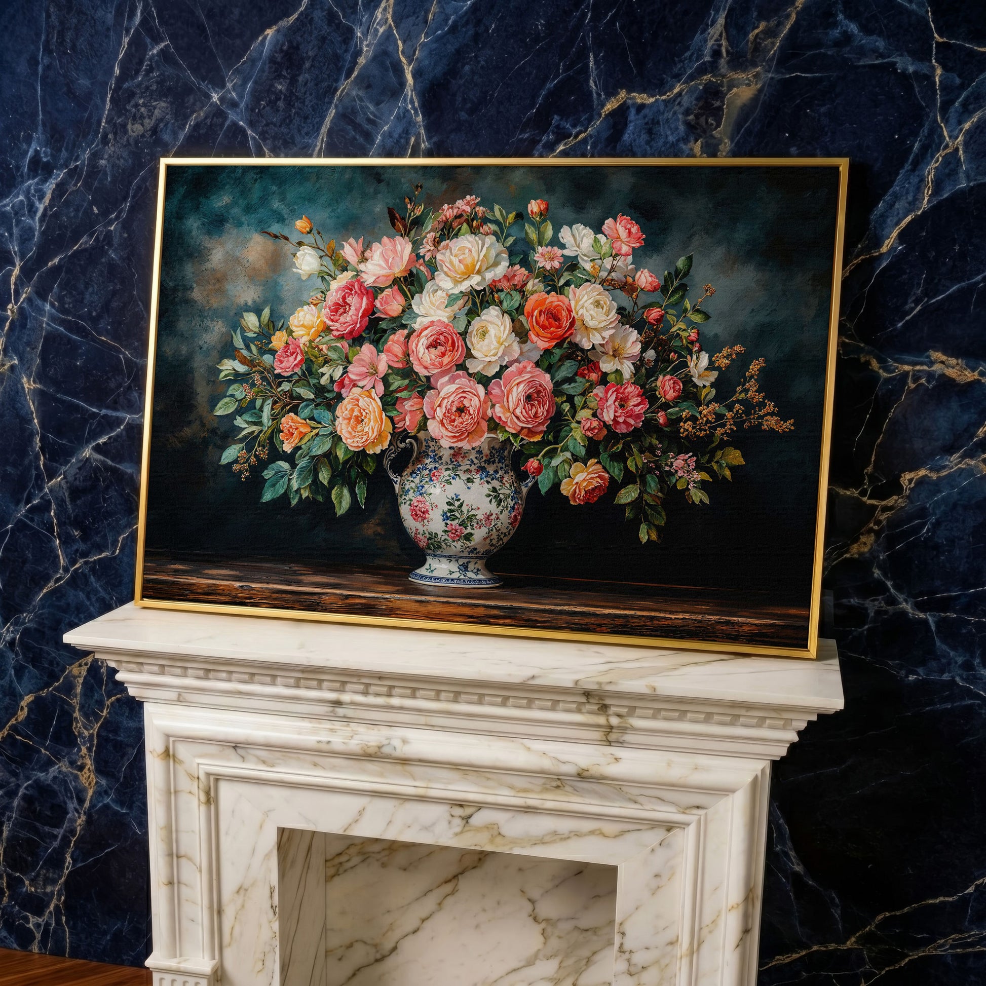 Floral Still Life with Roses and Moss Green canvas in yellow gold floating frame