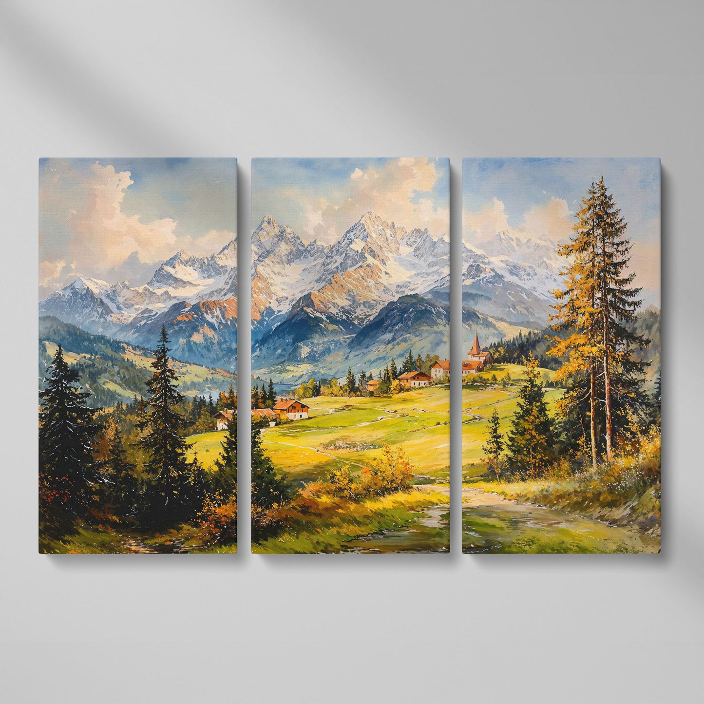 Alpine Village Mountain Landscape Canvas as 3-panel split version