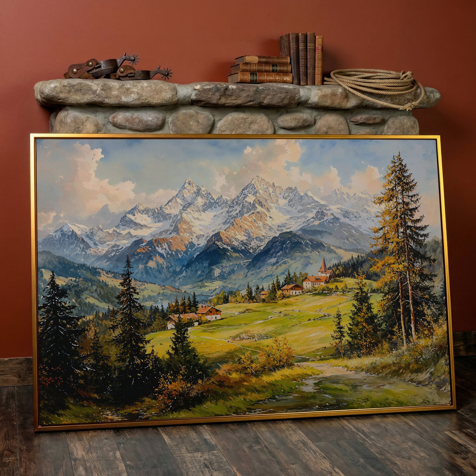Alpine Village Mountain Landscape Canvas in antique gold floating frame