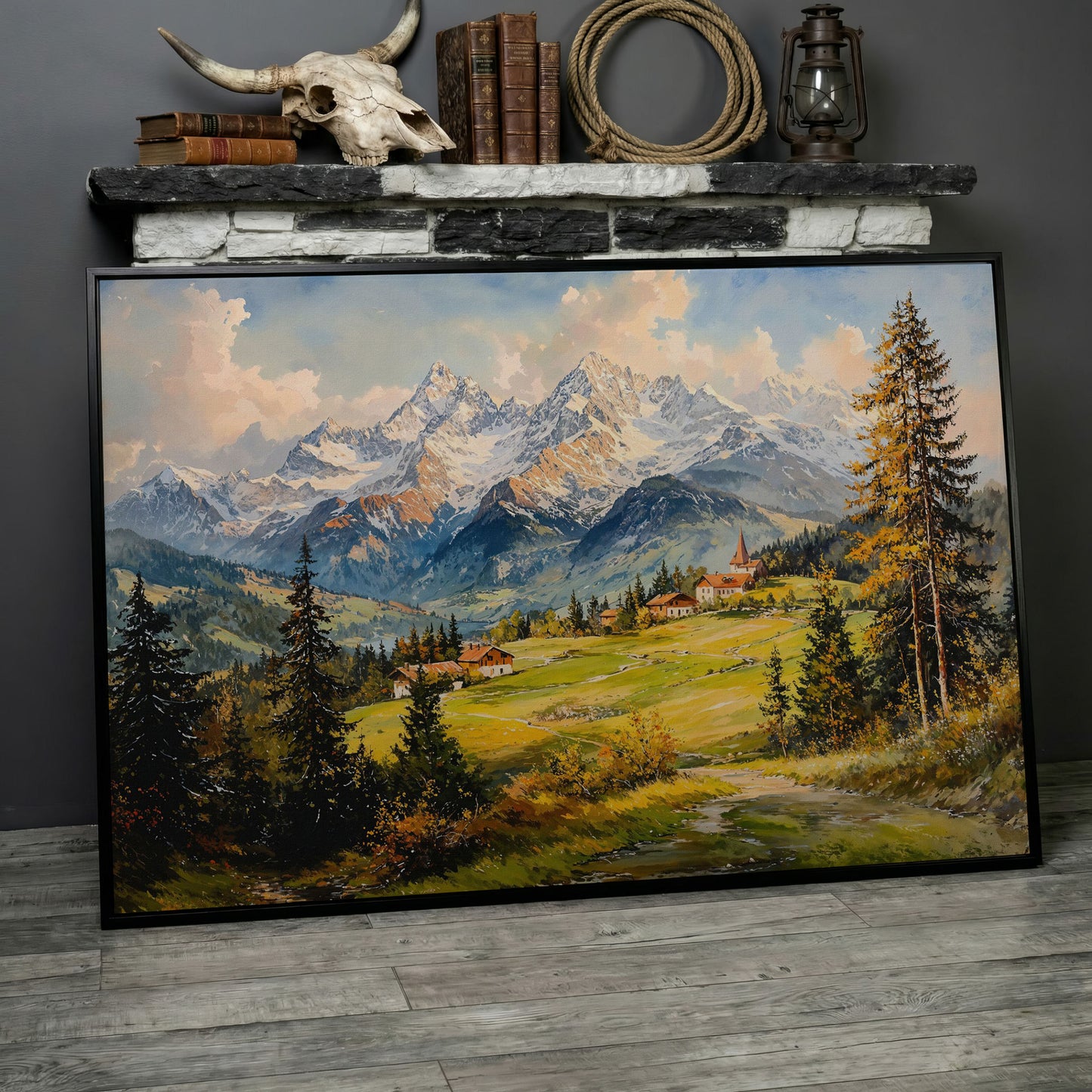 Alpine Village Mountain Landscape Canvas in black floating frame