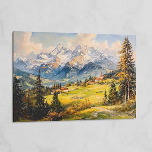 Alpine Village Mountain Landscape Canvas on gallery wrap