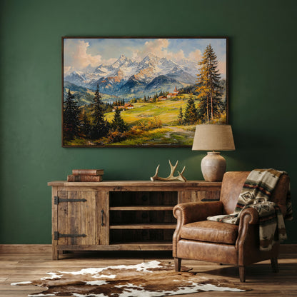 Alpine Village Mountain Landscape Canvas in dark walnut floating frame