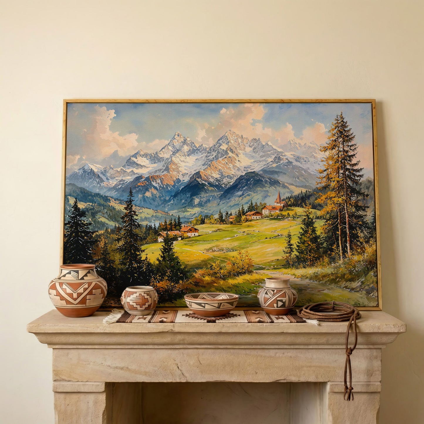 Alpine Village Mountain Landscape Canvas in white oak floating frame