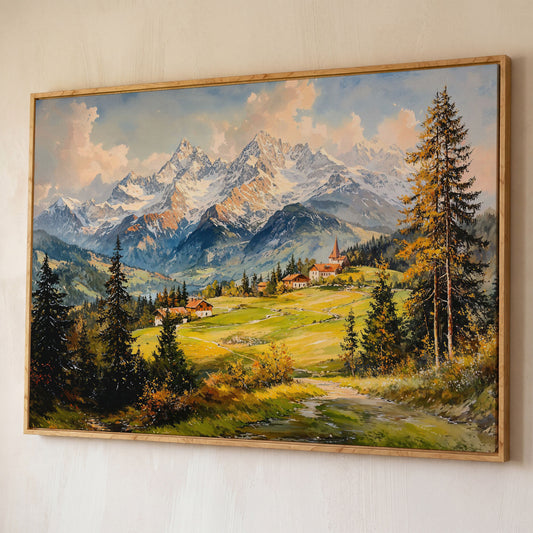 Alpine Village Mountain Landscape Canvas shown in white oak floating frame