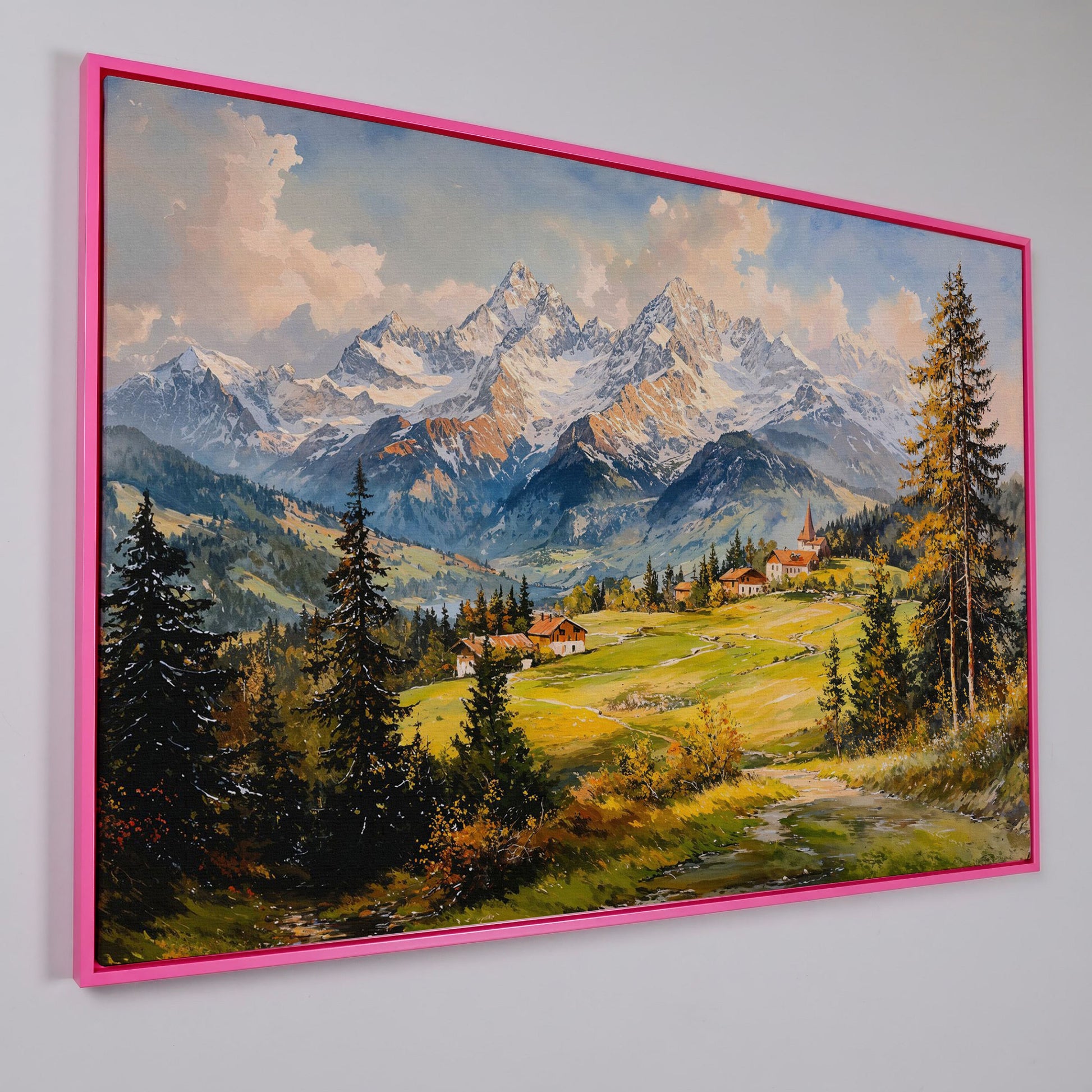 Alpine Village Mountain Landscape Canvas in pink floating frame