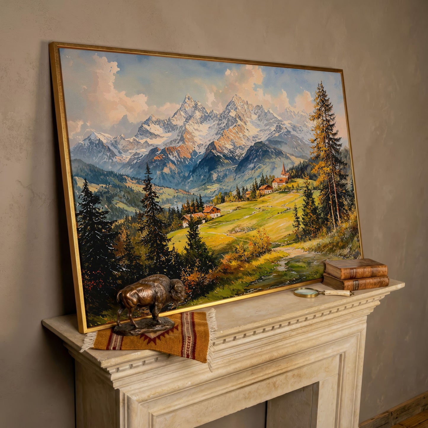 Alpine Village Mountain Landscape Canvas in rose gold floating frame