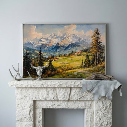 Alpine Village Mountain Landscape Canvas in silver floating frame