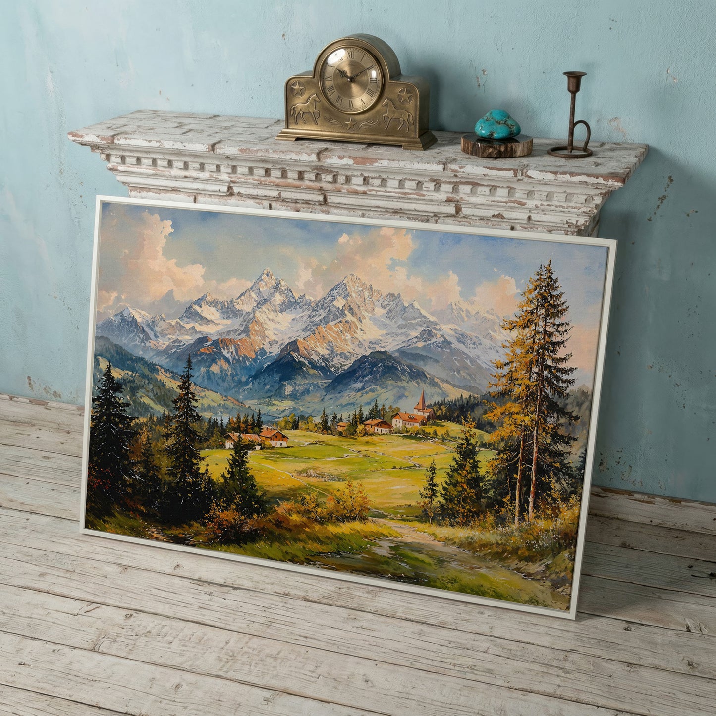 Alpine Village Mountain Landscape Canvas in white floating frame