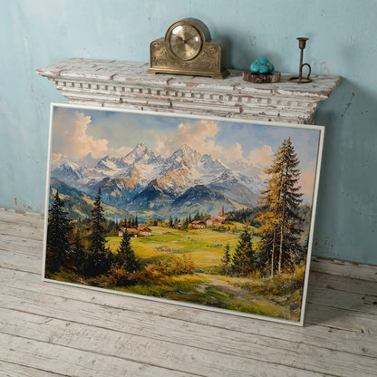 Alpine Village Mountain Landscape Canvas in white floating frame