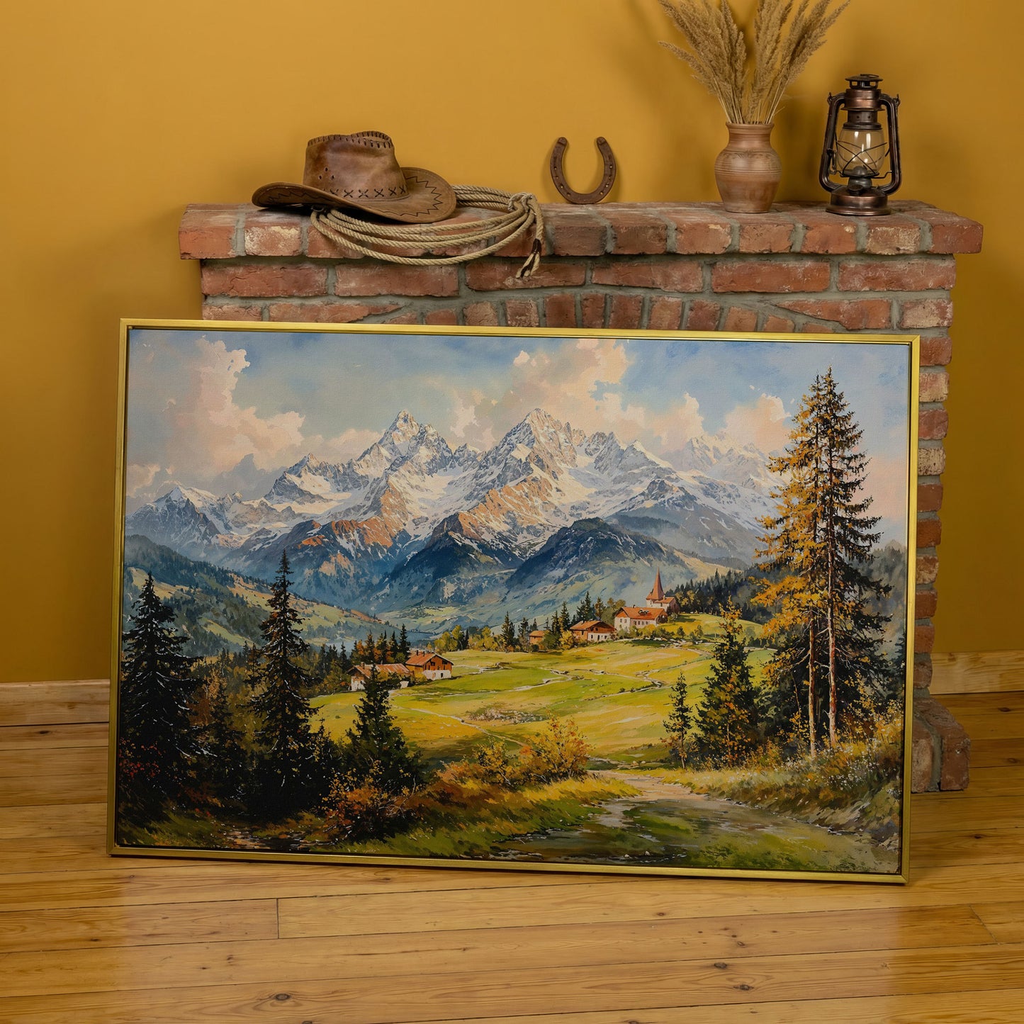 Alpine Village Mountain Landscape Canvas in yellow gold floating frame