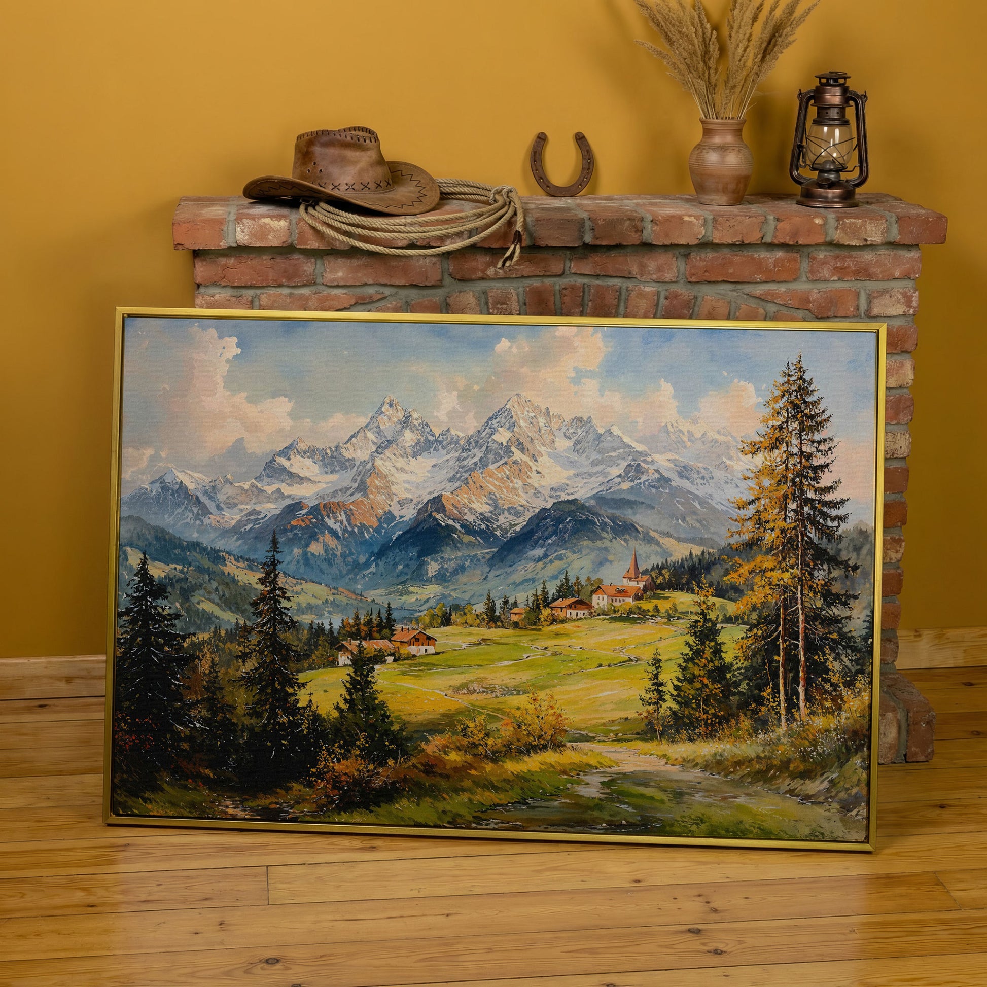 Alpine Village Mountain Landscape Canvas in yellow gold floating frame