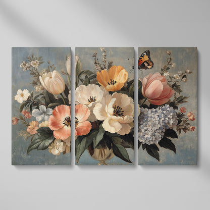 Vintage Floral Botanical Art with Butterfly Canvas as 3-panel split version