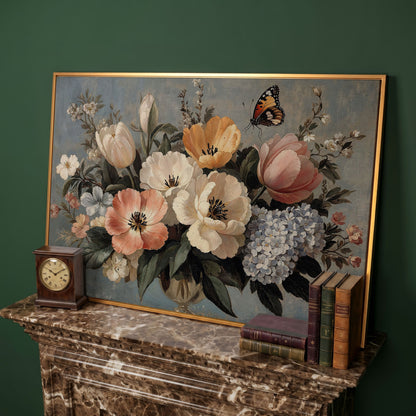 Vintage Floral Botanical Art with Butterfly Canvas in antique gold floating frame