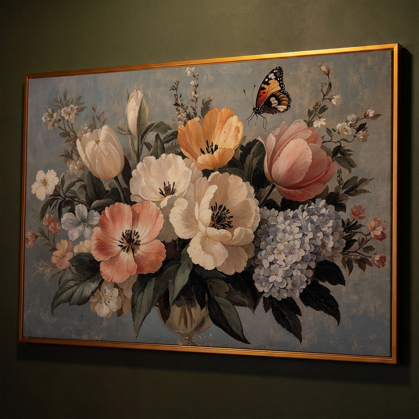 Vintage Floral Botanical Art with Butterfly Canvas shown in antique gold floating frame