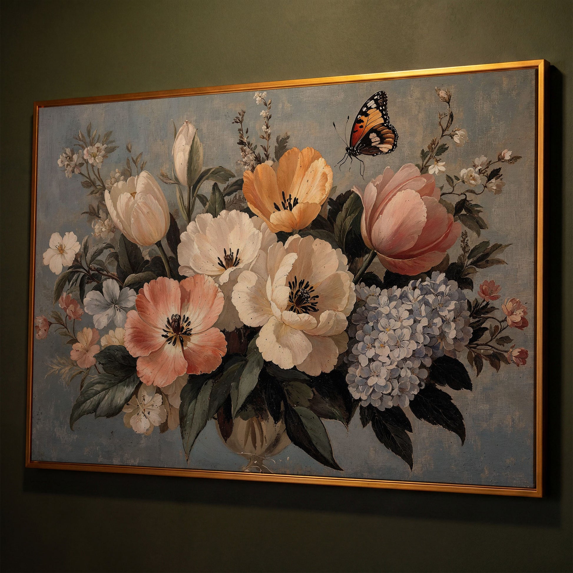 Vintage Floral Botanical Art with Butterfly Canvas shown in antique gold floating frame