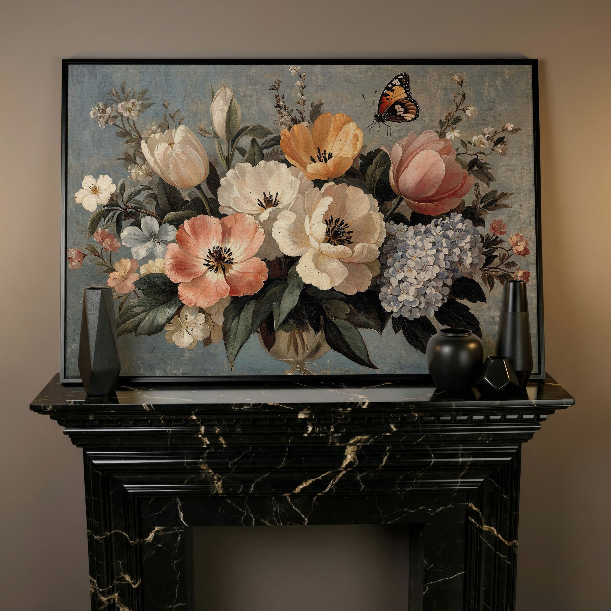 Vintage Floral Botanical Art with Butterfly Canvas in black floating frame