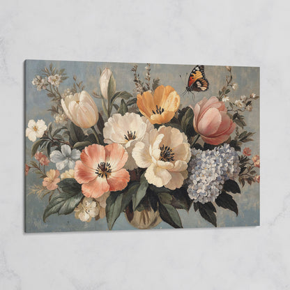 Vintage Floral Botanical Art with Butterfly Canvas on gallery wrap