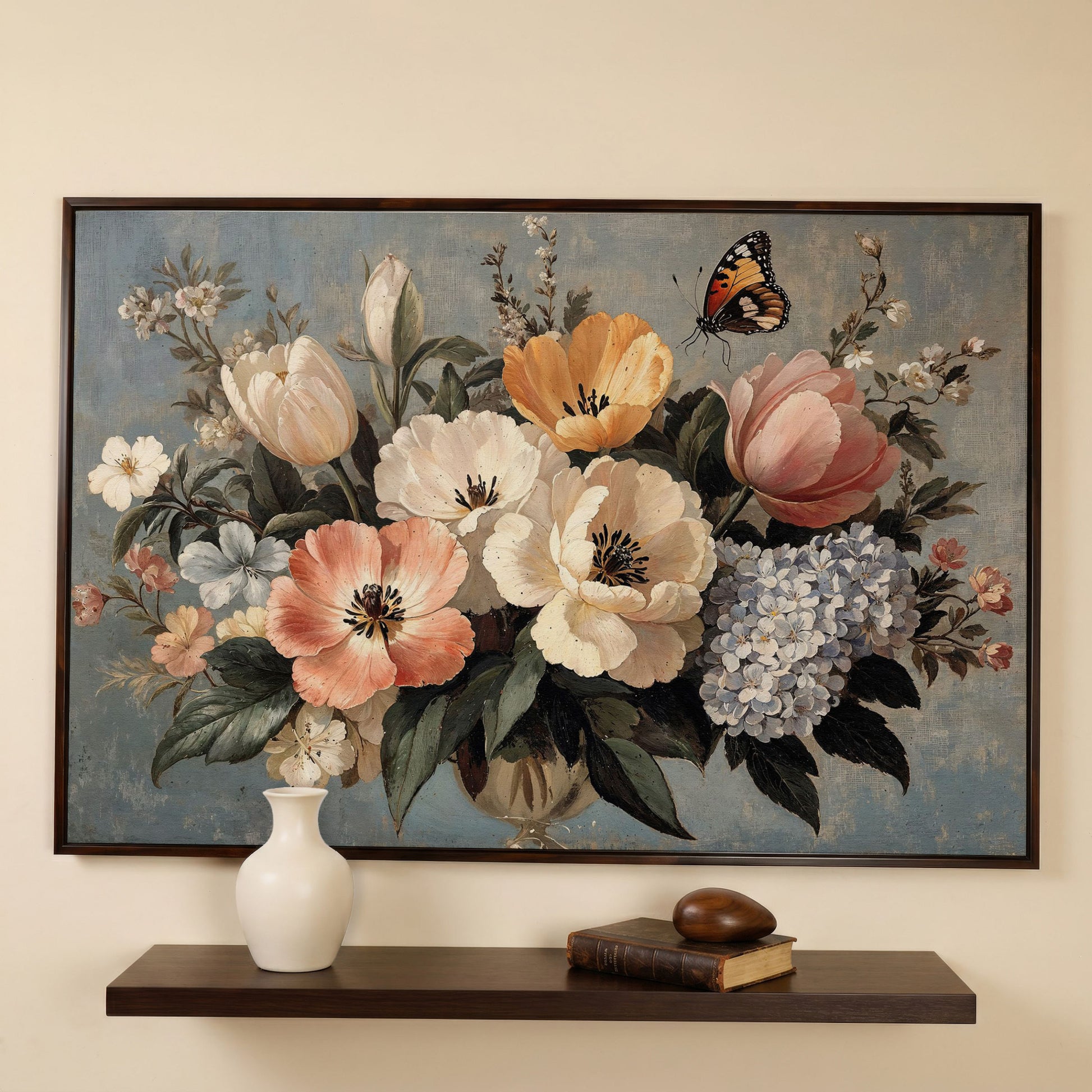 Vintage Floral Botanical Art with Butterfly Canvas in dark walnut floating frame