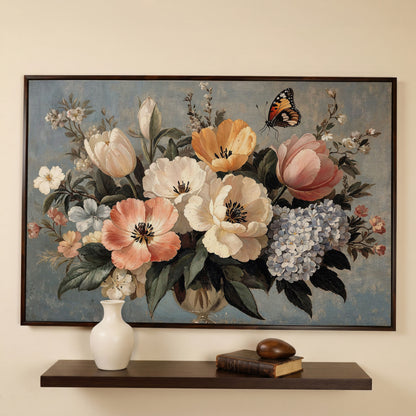Vintage Floral Botanical Art with Butterfly Canvas in dark walnut floating frame