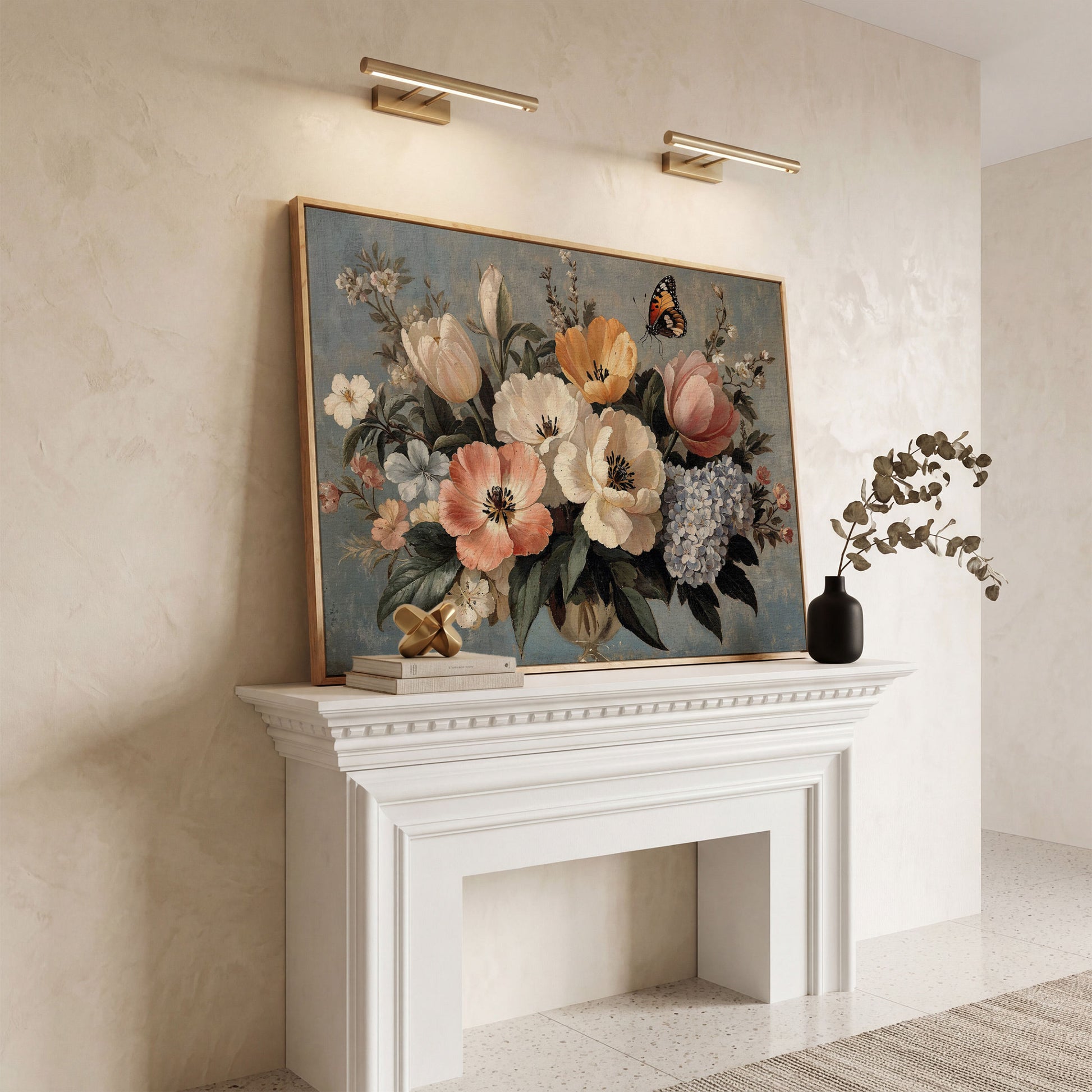 Vintage Floral Botanical Art with Butterfly Canvas in white oak floating frame