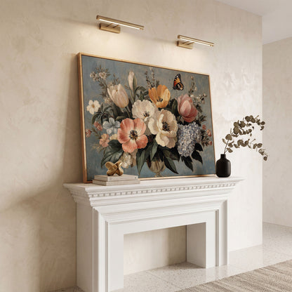 Vintage Floral Botanical Art with Butterfly Canvas in white oak floating frame