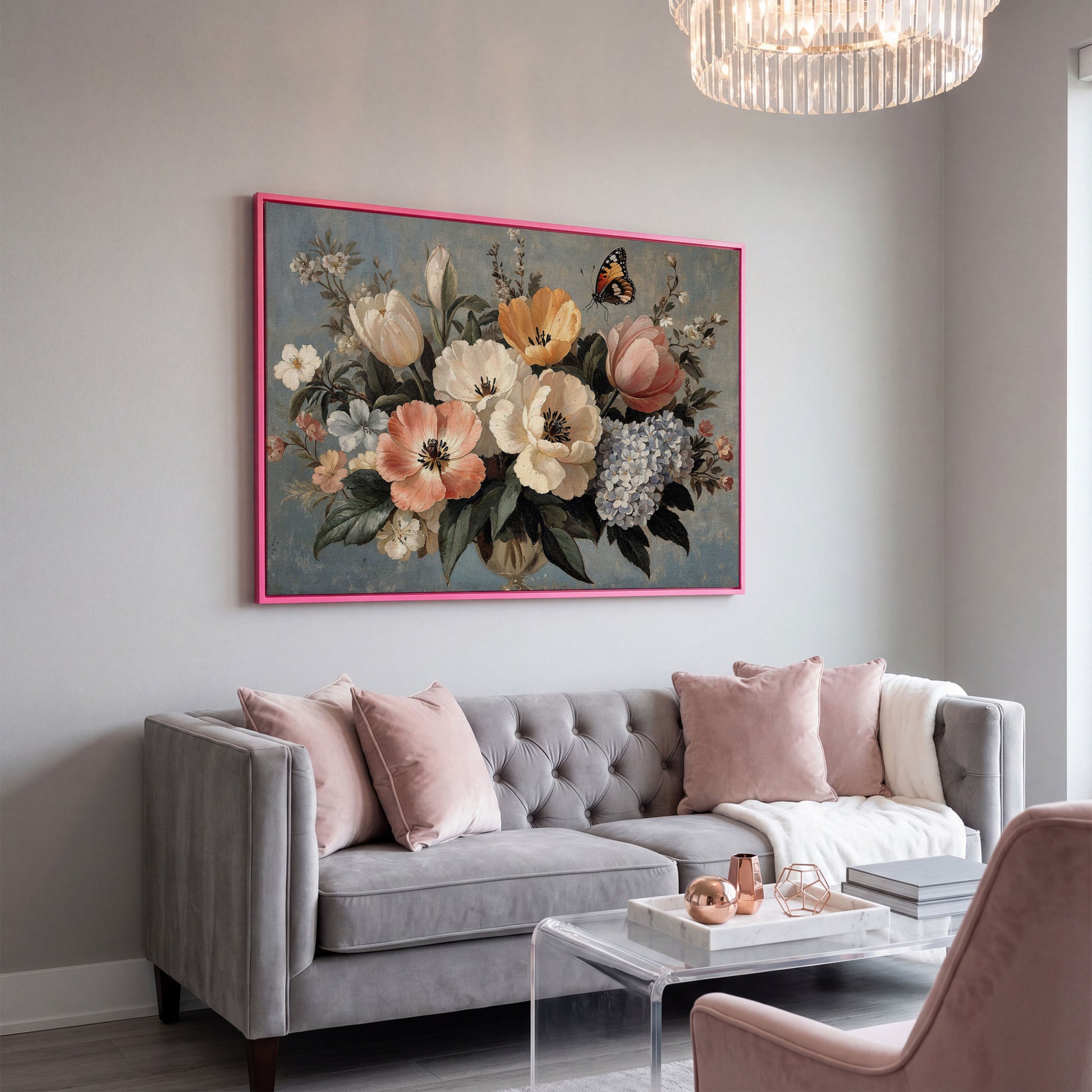 Vintage Floral Botanical Art with Butterfly Canvas in pink floating frame