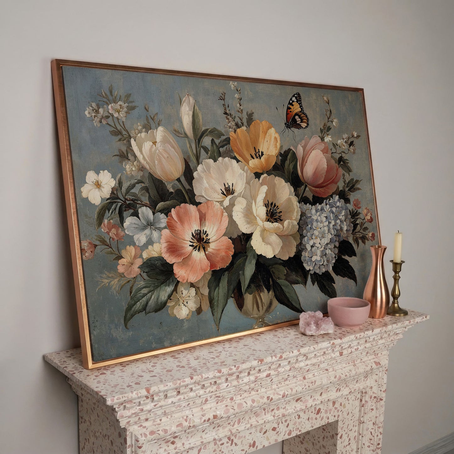 Vintage Floral Botanical Art with Butterfly Canvas in rose gold floating frame