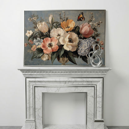 Vintage Floral Botanical Art with Butterfly Canvas in silver floating frame