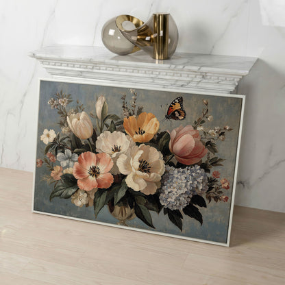 Vintage Floral Botanical Art with Butterfly Canvas in white floating frame