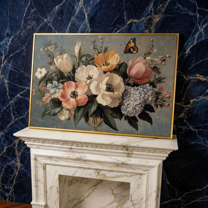 Vintage Floral Botanical Art with Butterfly Canvas in yellow gold floating frame