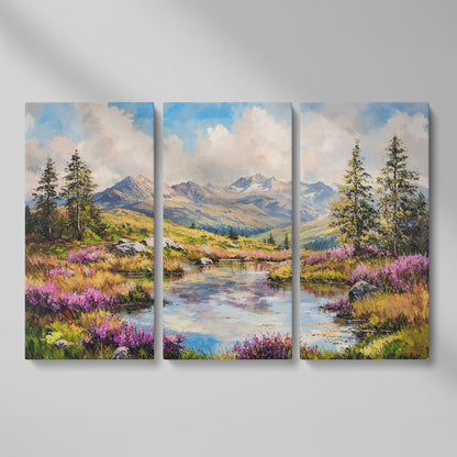 Summer Mountain Lake Canvas as 3-panel split version