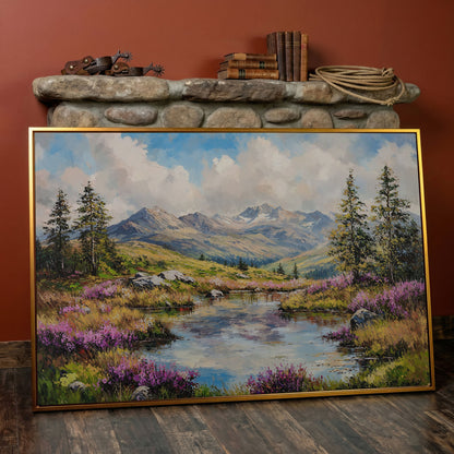 Summer Mountain Lake Canvas in antique gold floating frame