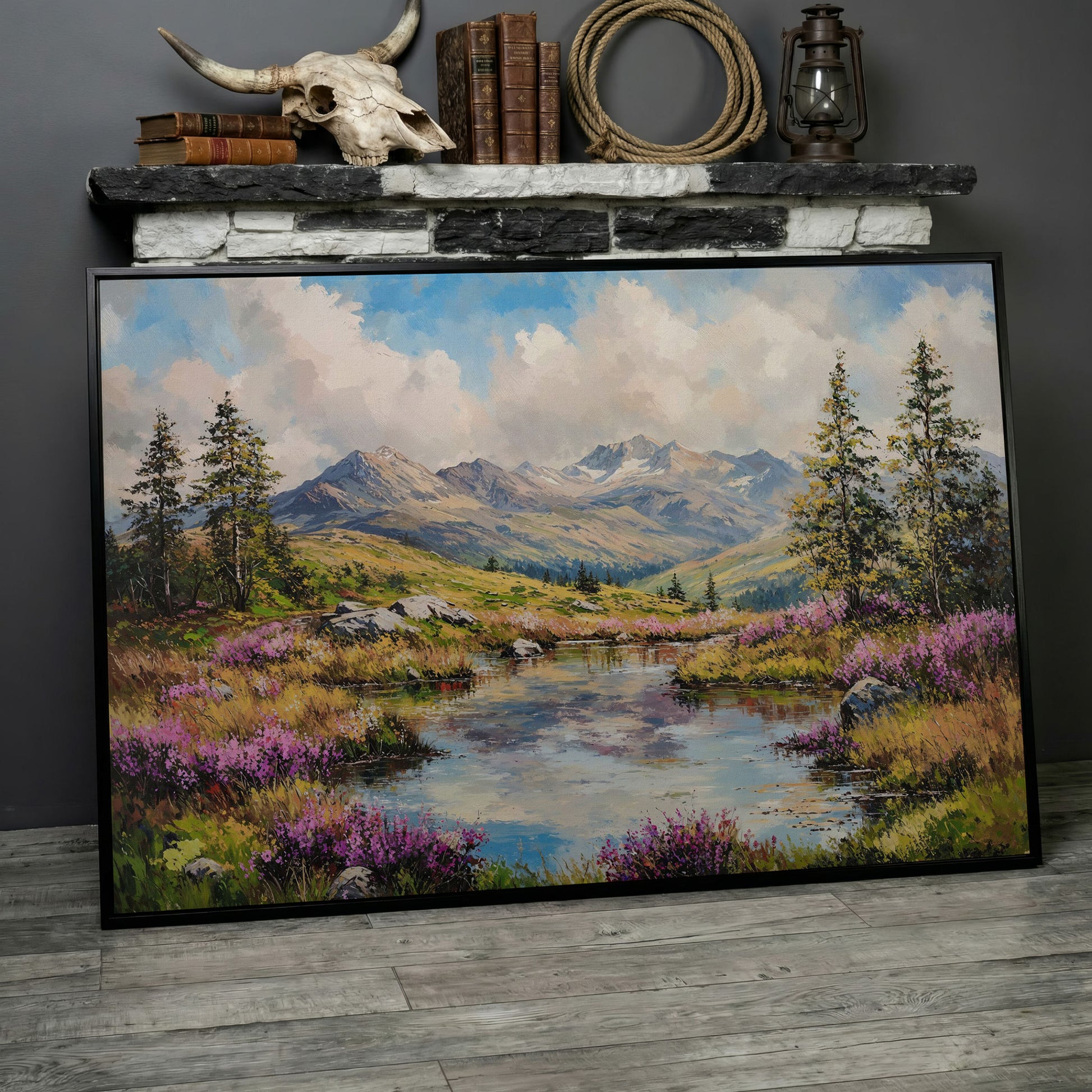 Summer Mountain Lake Canvas in black floating frame