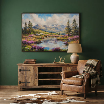 Summer Mountain Lake Canvas in dark walnut floating frame