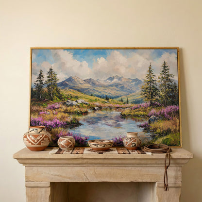 Summer Mountain Lake Canvas in white oak floating frame