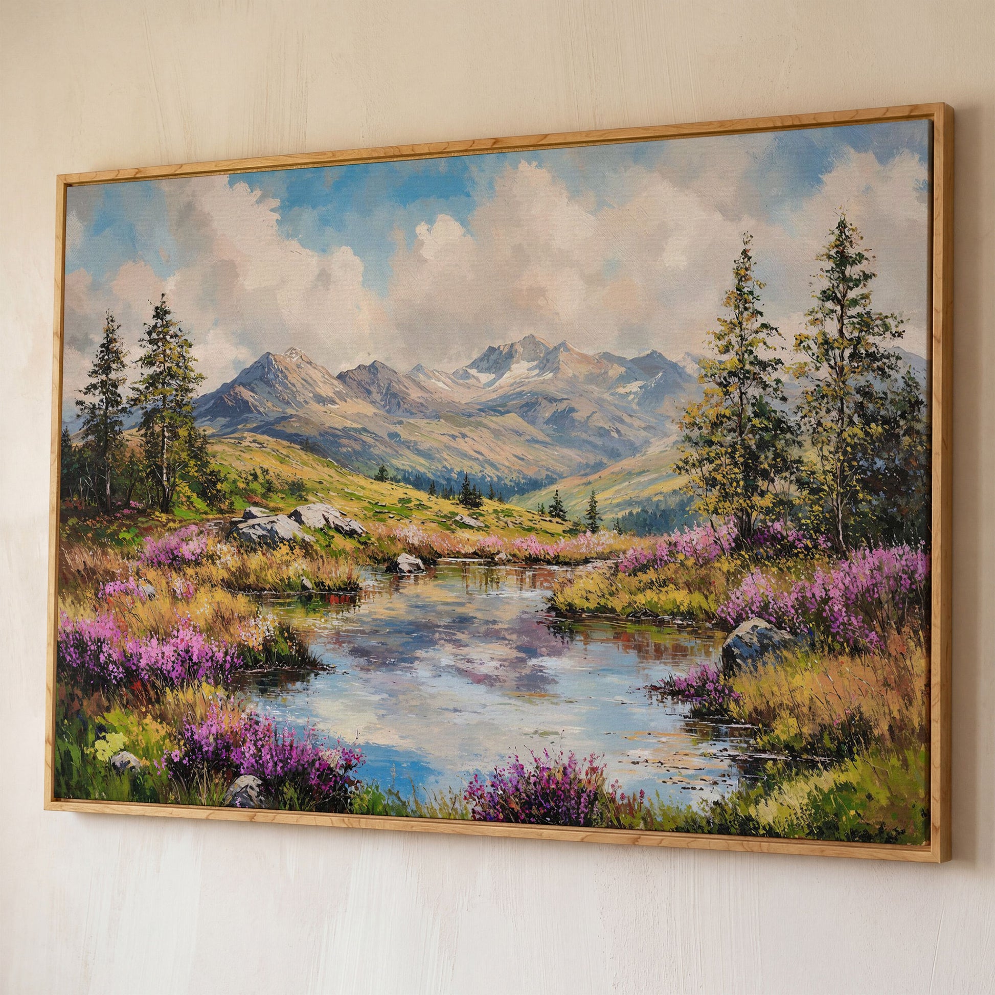 Summer Mountain Lake Canvas shown in white oak floating frame