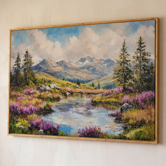 Summer Mountain Lake Canvas shown in white oak floating frame