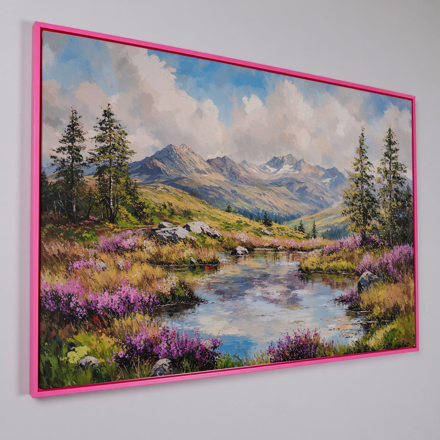 Summer Mountain Lake Canvas in pink floating frame