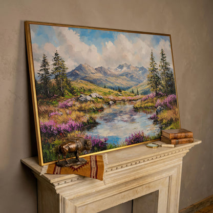 Summer Mountain Lake Canvas in rose gold floating frame