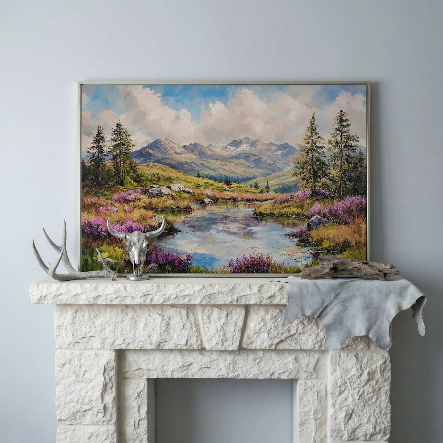 Summer Mountain Lake Canvas in silver floating frame