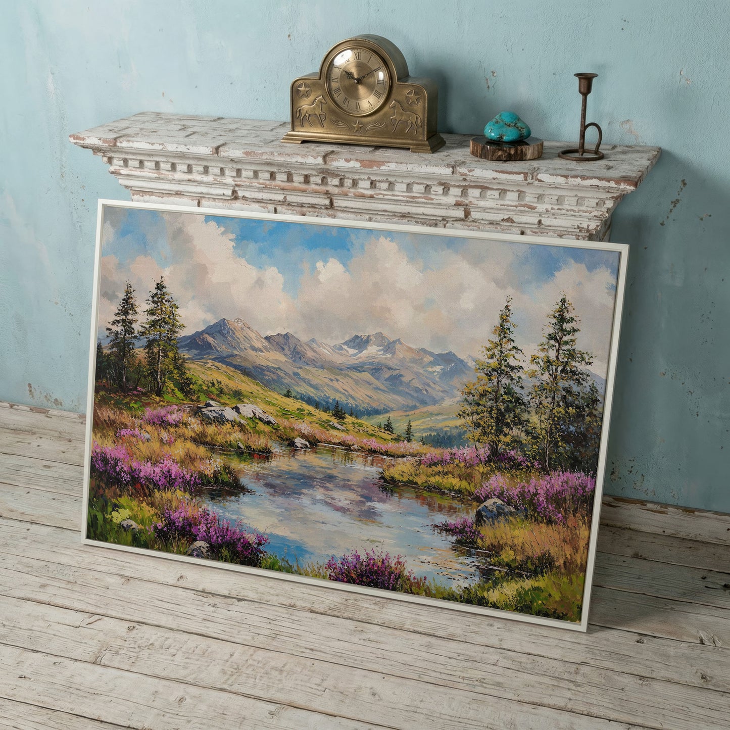 Summer Mountain Lake Canvas in white floating frame
