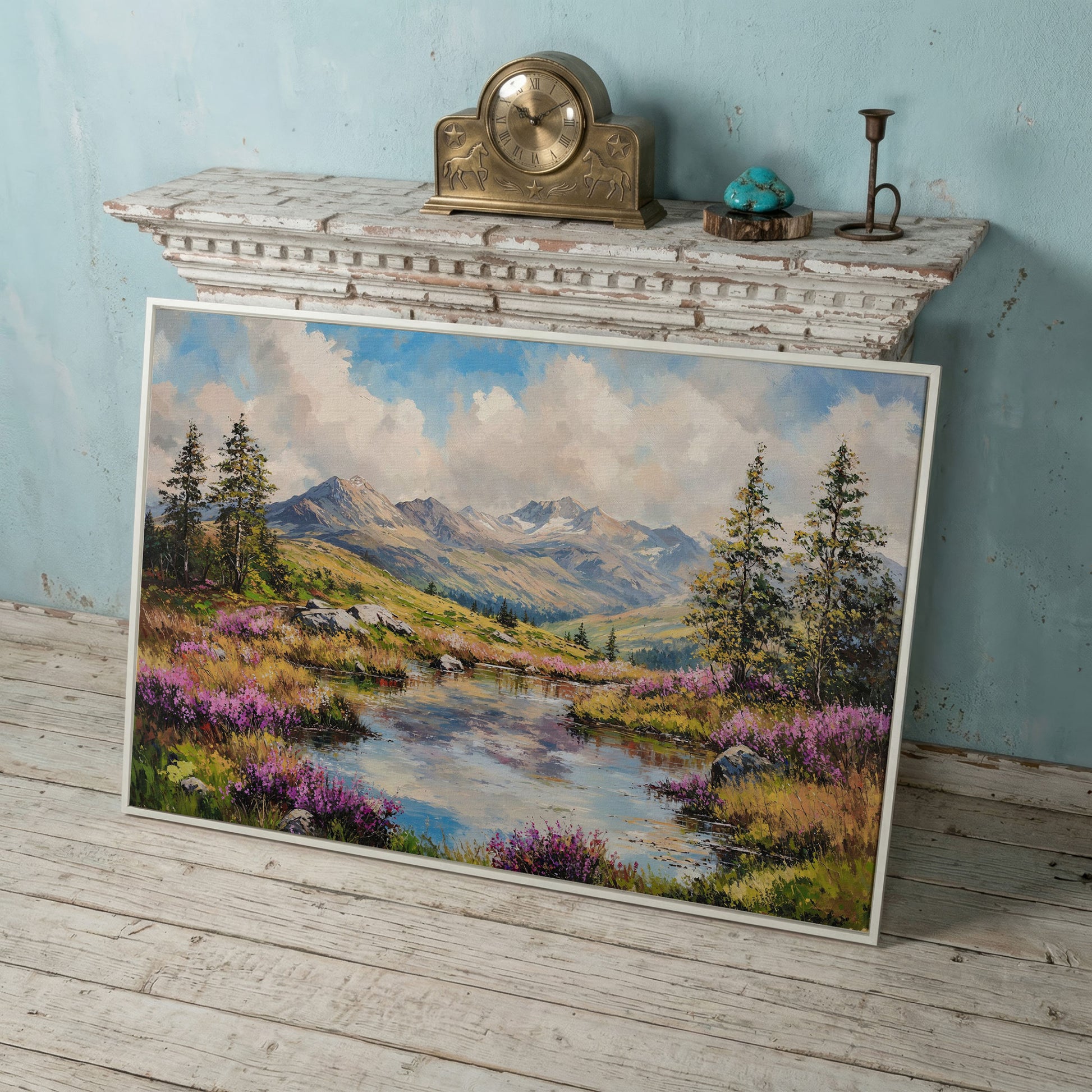 Summer Mountain Lake Canvas in white floating frame