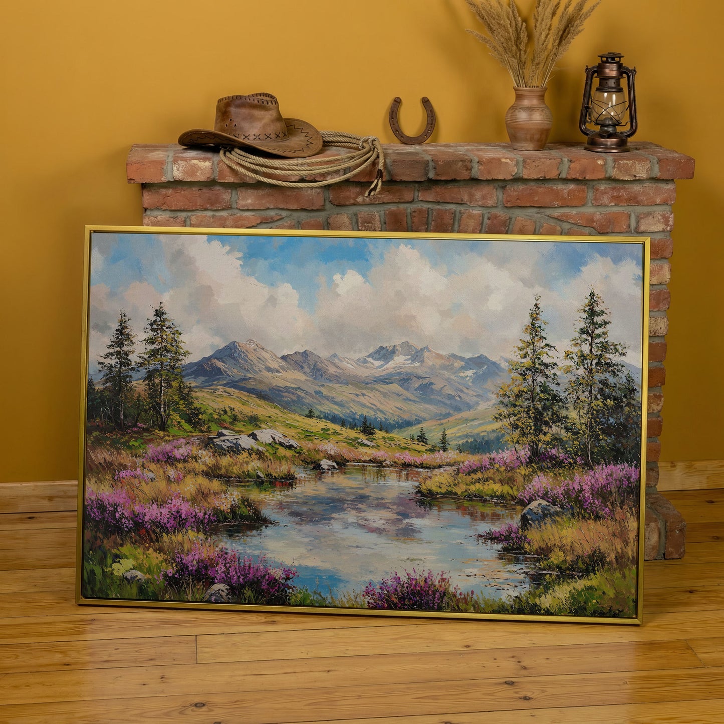 Summer Mountain Lake Canvas in yellow gold floating frame
