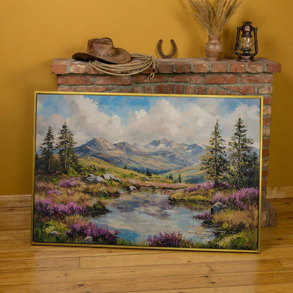 Summer Mountain Lake Canvas in yellow gold floating frame