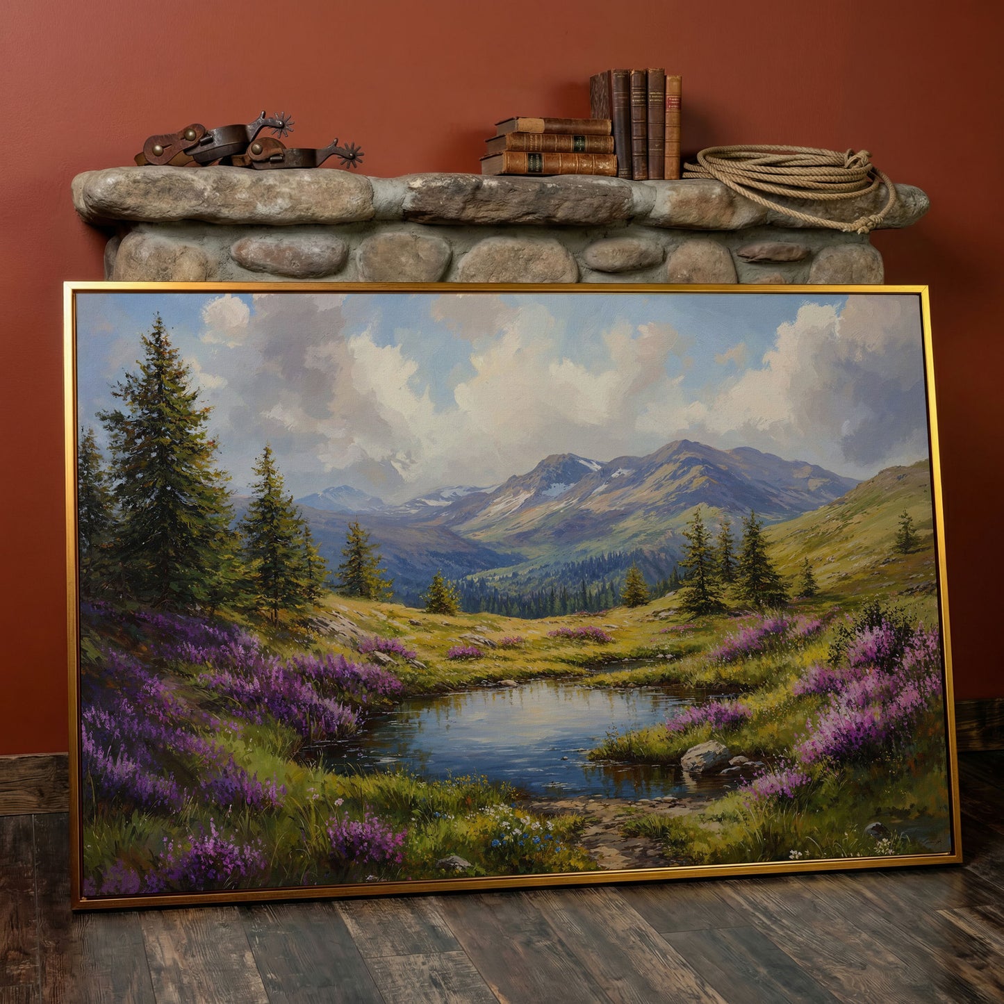 Mountain Landscape with Wildflower Meadow Canvas in antique gold floating frame