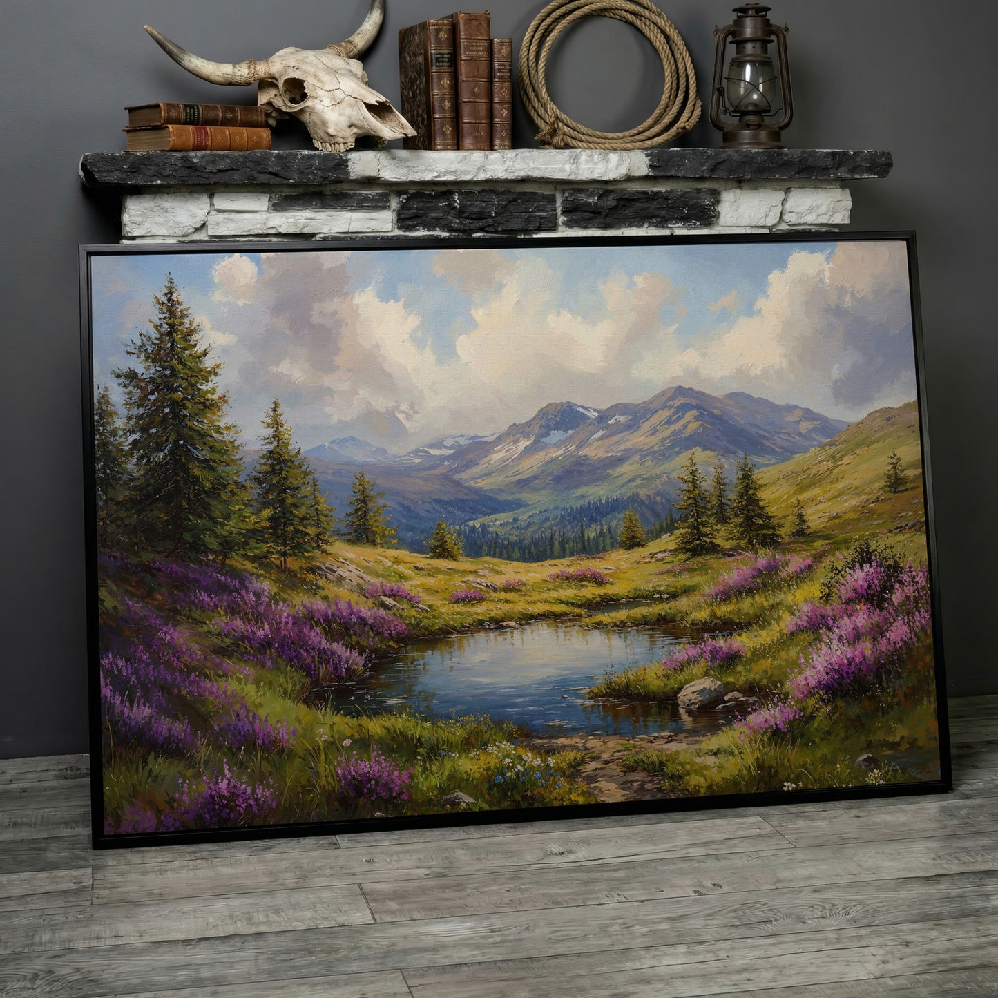 Mountain Landscape with Wildflower Meadow Canvas in black floating frame