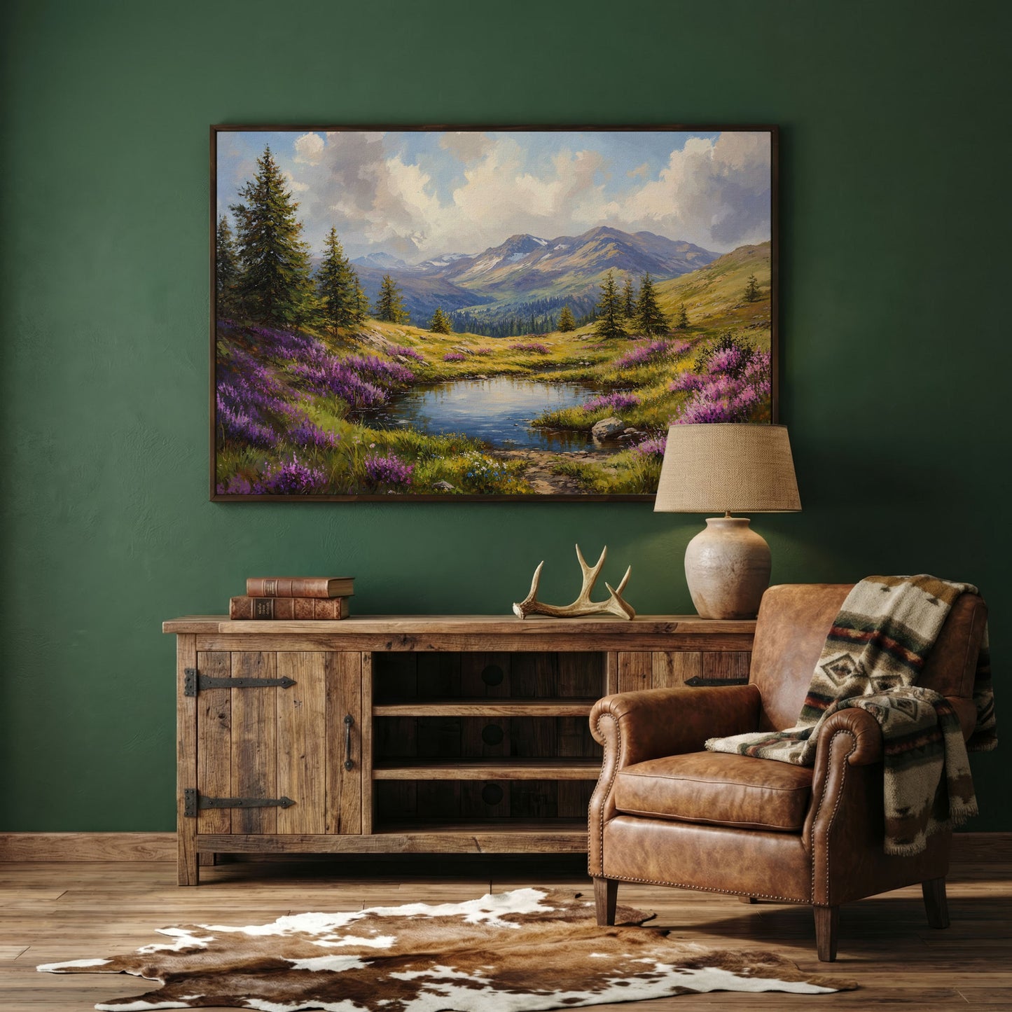 Mountain Landscape with Wildflower Meadow Canvas in dark walnut floating frame