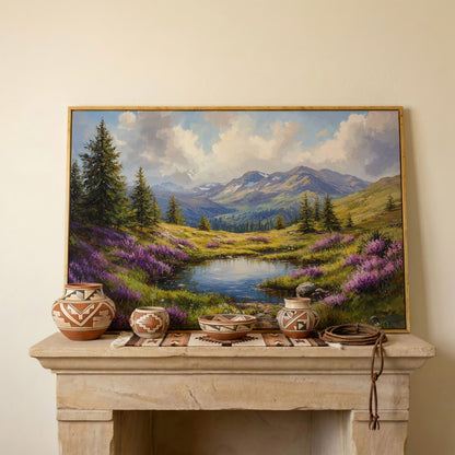 Mountain Landscape with Wildflower Meadow Canvas in white oak floating frame