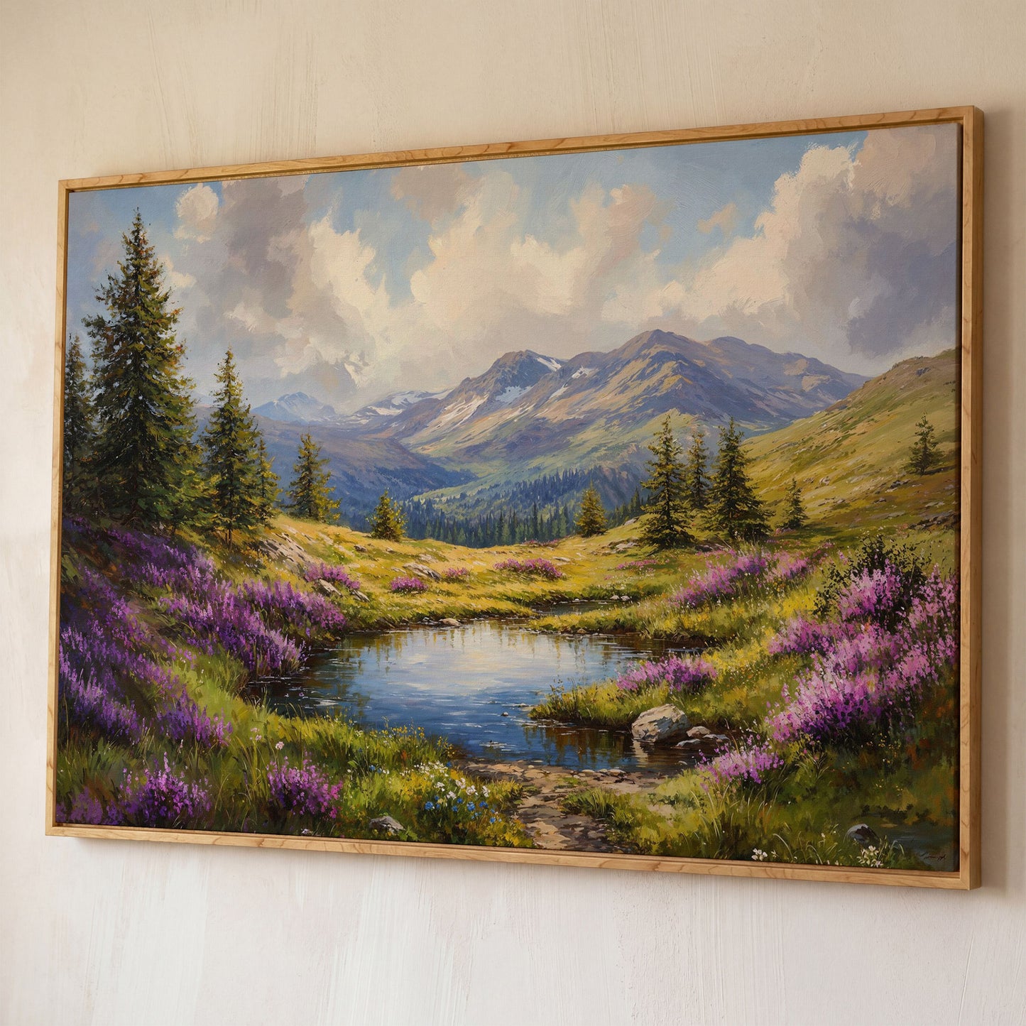 Mountain Landscape with Wildflower Meadow Canvas shown in white oak floating frame