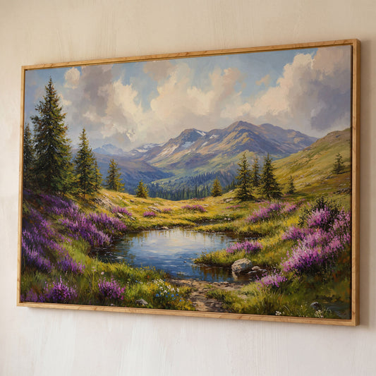 Mountain Landscape with Wildflower Meadow Canvas shown in white oak floating frame